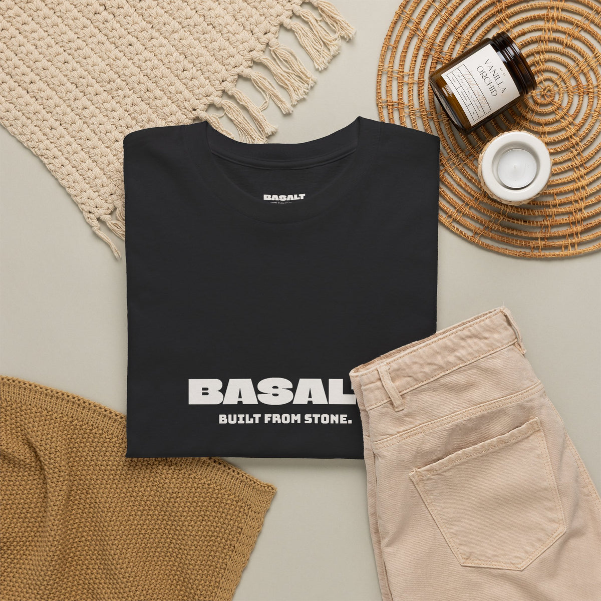 Basalt Unisex T-Shirt Midweight Cotton Black White Minimalist Crew Neck Tee